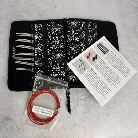 Chiagoo Twist SS Red Lace Interchangeable set (small) opened up to show the needles tips, cables and working instructions.