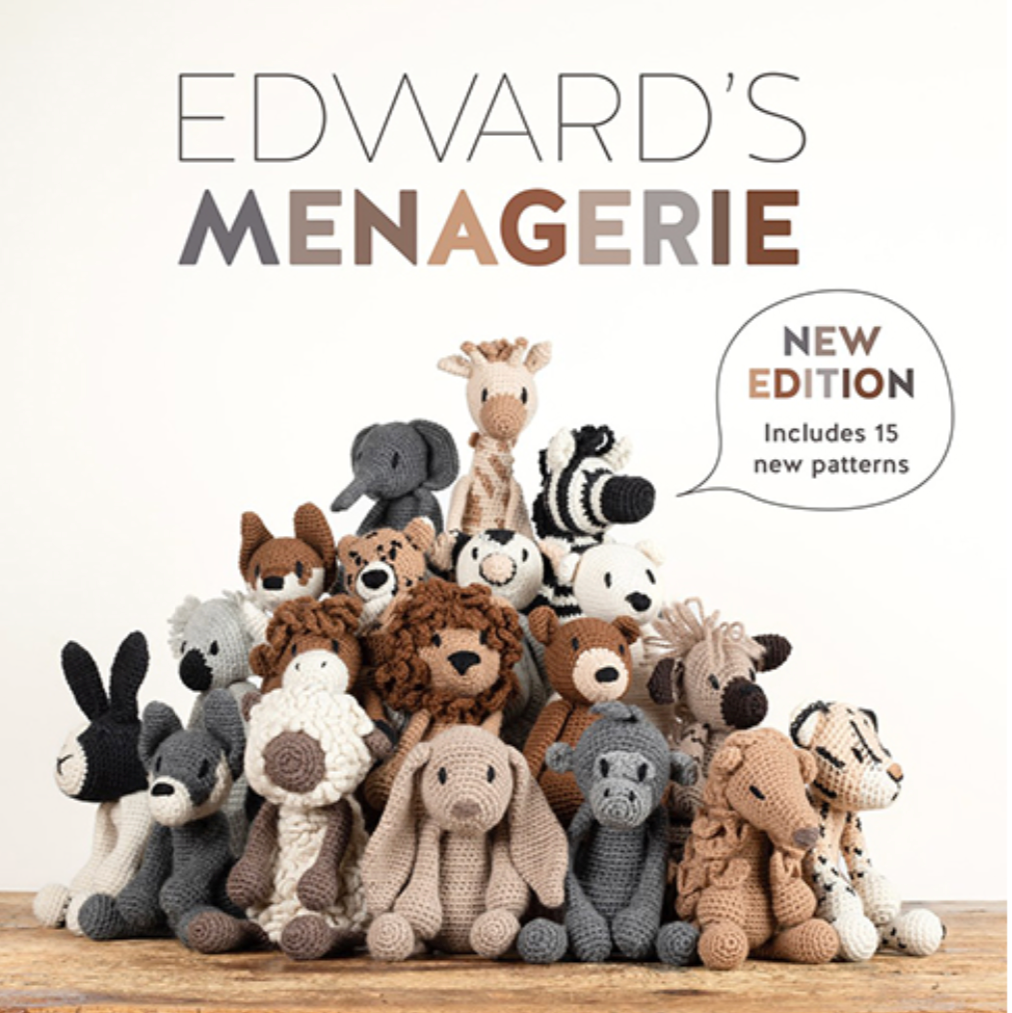 Book cover of 'Edward's Menagerie' by Kerry Lord featuring crochet animal toys.
