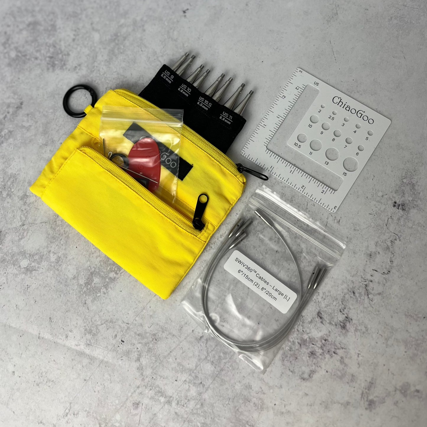 Yellow Twist Shortie Set, opened to reveal contents.